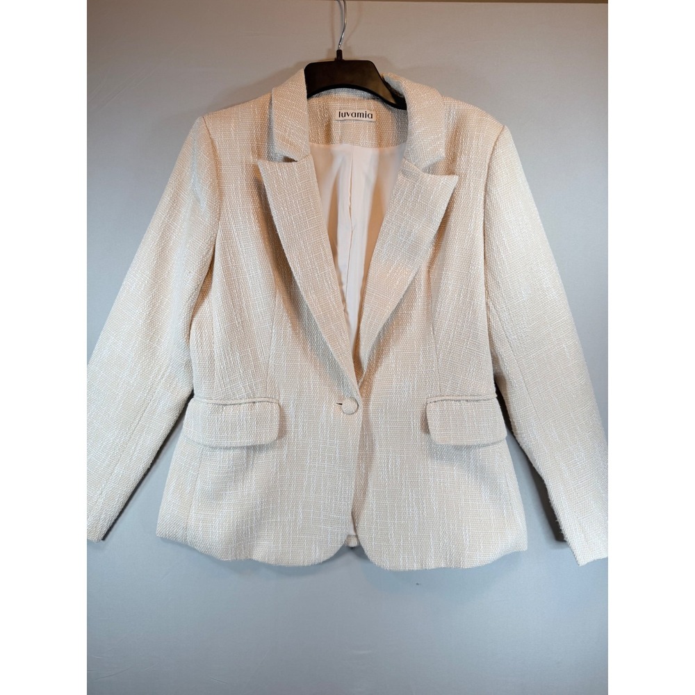Luvamia Womens Cream Tweed Blazer Single Button Notched Lapel Jacket Size M